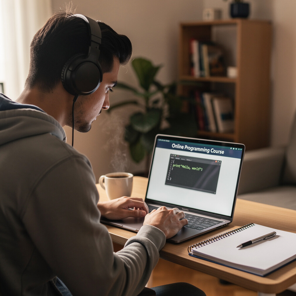 Young Mexican man studying programming at home on his laptop