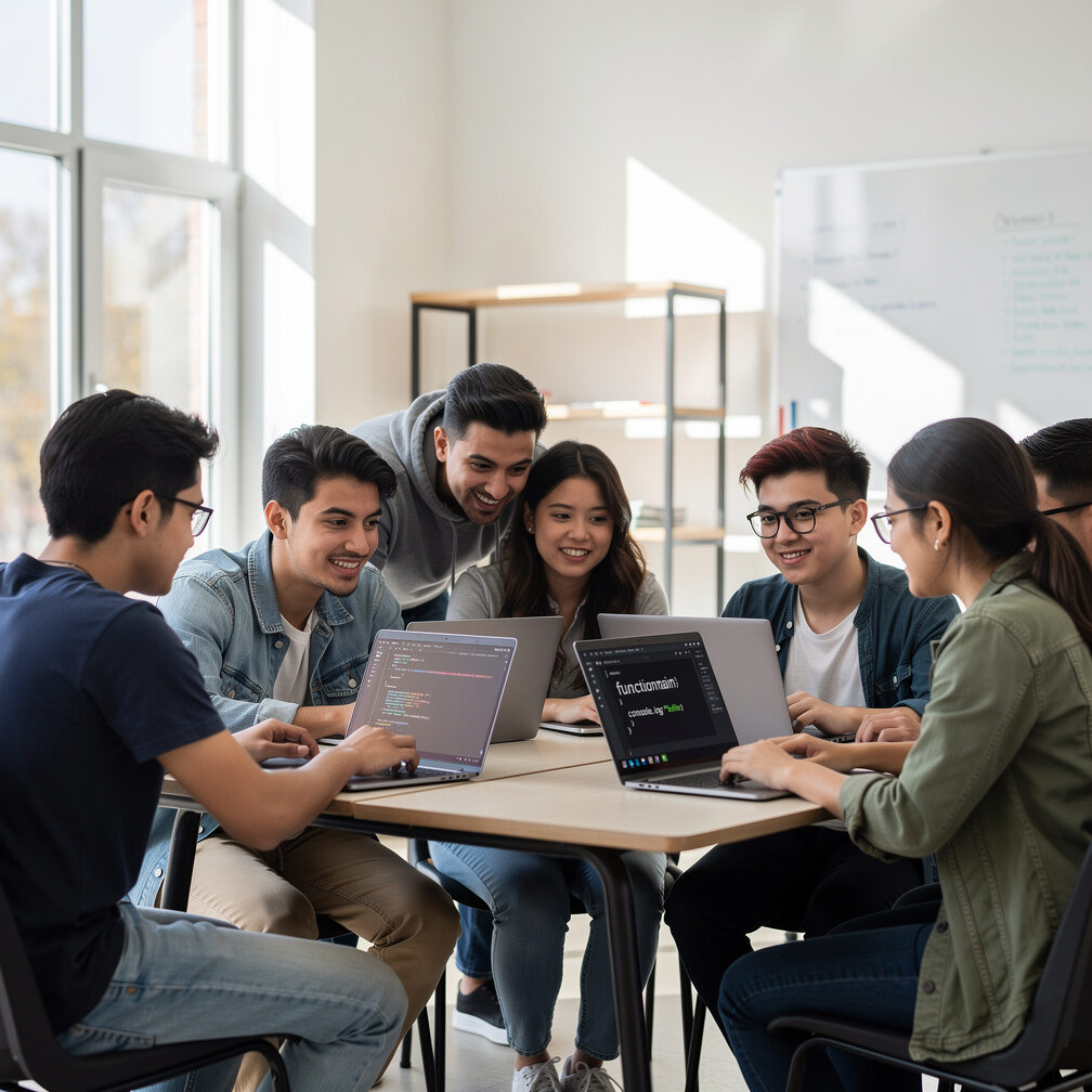 Group of Mexican students coding together on laptops in a classroom